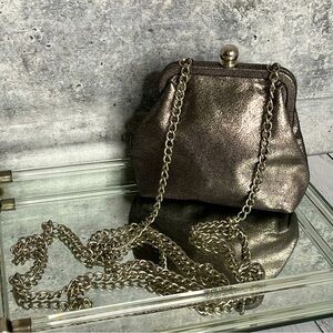 Hobo Libby Crossbody Bag, Long Silver Chain, Metallic on Black Leather Like New